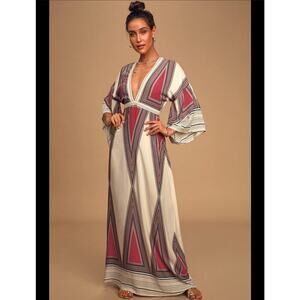 Lulus Montecito Cream Print Maxi Dress Small V-Neck Kimono Sleeves Red Boho Blue